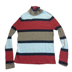 Mango ribbed striped mock neck long sleeve top size small - red tan black white